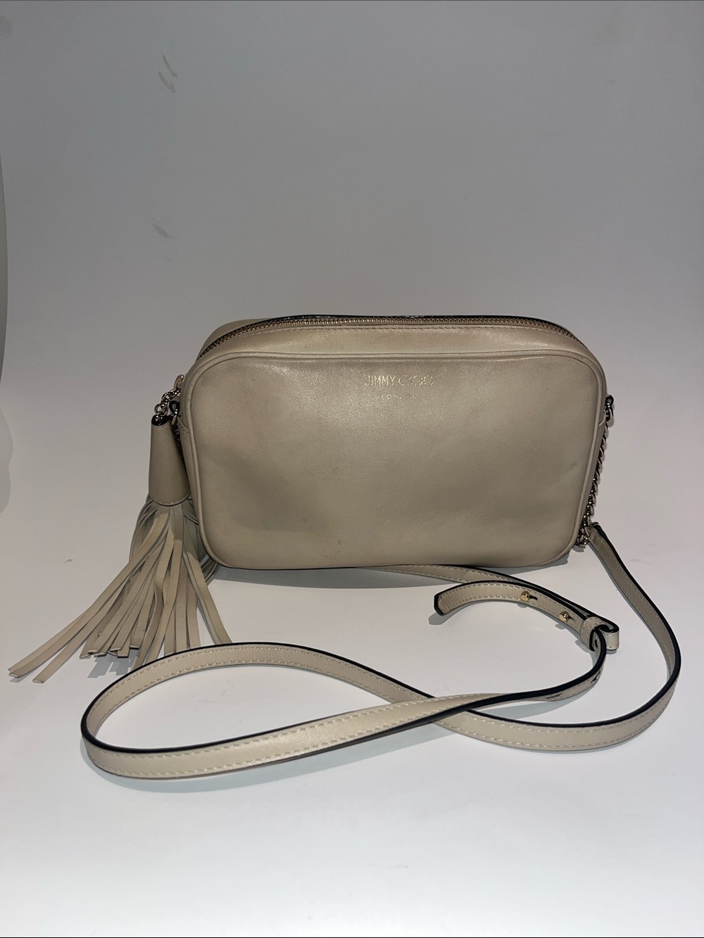 Jimmy Choo Leather Crossbody Camera Bag with Tassel - Cream